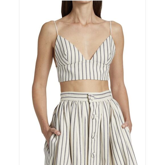 Adam Lippes Size 0 Beige Striped Denim Bralette Top V-neck 100% Cotton FLAWED - Picture 10 of 10